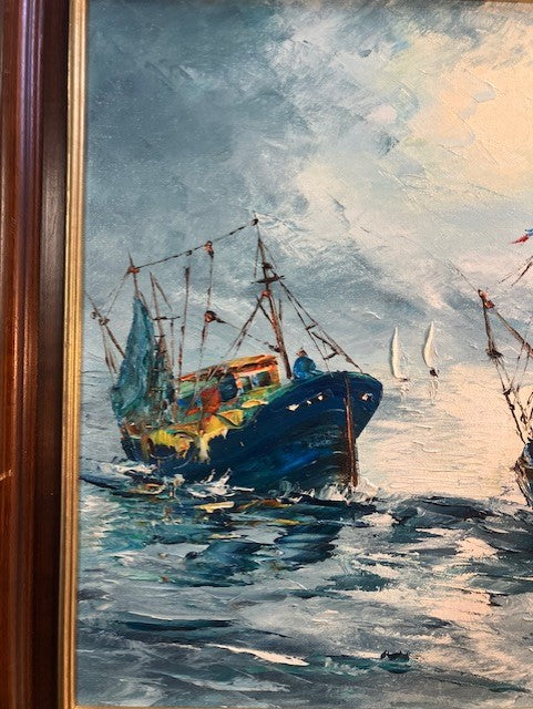 Tableau Huile Sur Toile Paysage de Mer Marin Bateaux Signé