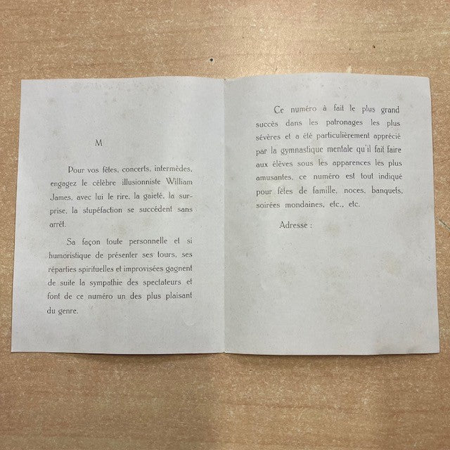 Ancien Flyers,Tract, Prospectus, D'Un Illusionniste Wlliam James