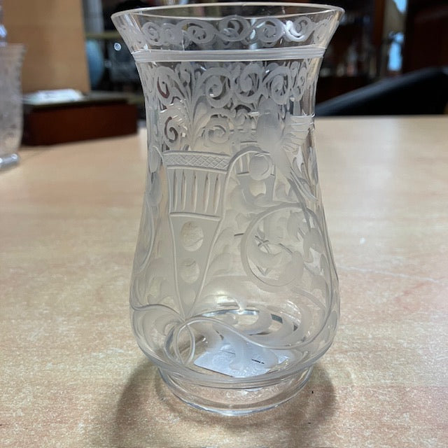 Ancien Petit Vase En Verre Gravé Décor Feuillage, Pot Et Oiseaux