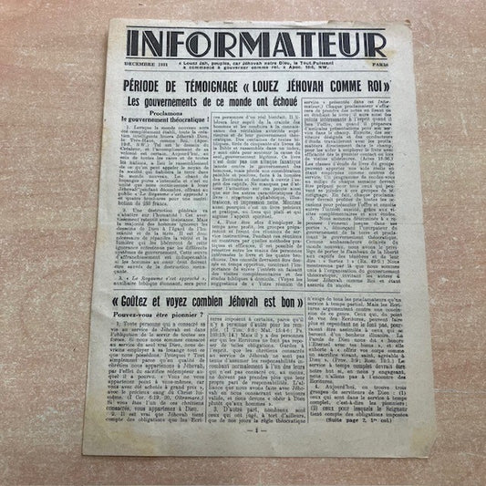 Décembre 1951 Rare Publication Informateur Paris Watch-Tower Jéhovah