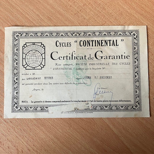 Certificat De Garantie Cycles "Continental "