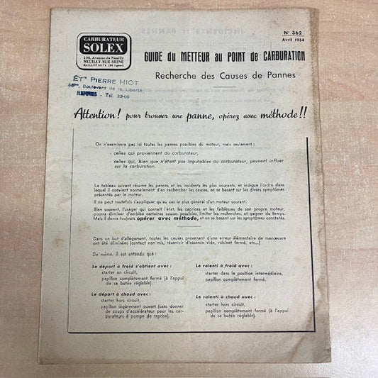 Livret , Document Technique, Guide Du Metteur Au Point De Carburation, N°362