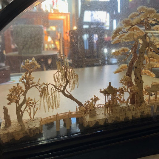 Diorama Vintage, Sculpture Complexe De Liège Sculpté A La Main, Décor Asiatique
