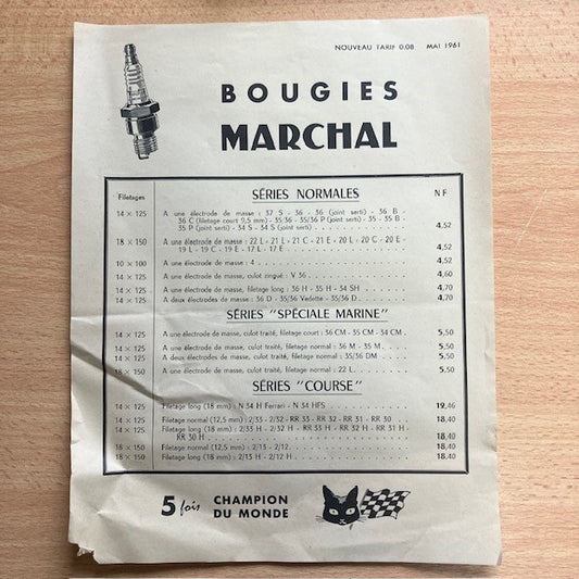 Document Ancienne Publicité Bougies Pour Motorisation, Marchal, Tract Tarif en Mai 1961