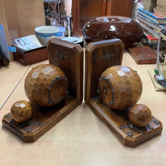 Vintage Ancien Serre Livres, En Bois, Boule Cloutée