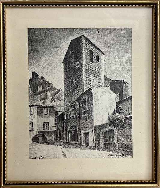 Cadre, dessin Saint GUILHEM place et tour d'accès de l'abbaye de gellone réalisé par caralp