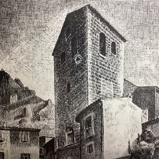 Cadre, dessin Saint GUILHEM place et tour d'accès de l'abbaye de gellone réalisé par caralp