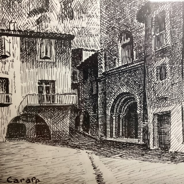 Cadre, dessin Saint GUILHEM place et tour d'accès de l'abbaye de gellone réalisé par caralp