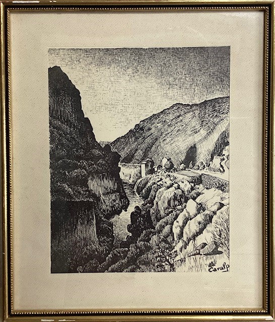 Cadre, dessin Saint GUILHEM, représentant une vallée, réalisé par Caralp