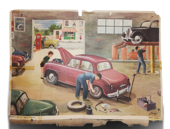 Affiche Carte Scolaire Lithographie images de la vie 110 série 23 le mécano voiture garage automobil