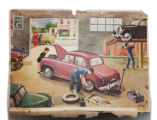 Affiche Carte Scolaire Lithographie images de la vie 110 série 23 le mécano voiture garage automobil