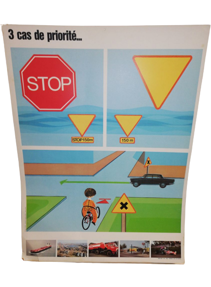 Affiche Carte Scolaire Lithographie Auto-Ecole Gilbert Evenou Antar le vélo 3 cas de priorité panneau