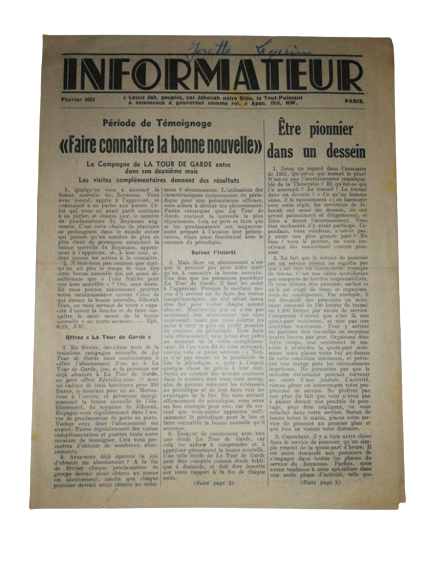 Février 1951 Rare Publication Informateur Paris Watch-Tower Bible Témoins Jéhovah USA