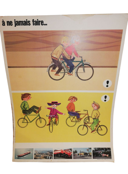 Affiche Carte Scolaire Lithographie Auto-Ecole Gilbert Evenou Antar vélo a ne jamais faire