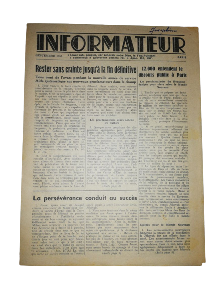 Septembre 1951 Rare Publication Informateur Paris Watch-Tower Bible Témoins Jéhovah USA