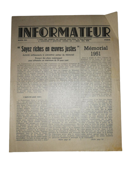 Mars 1951 Rare Publication Informateur Paris Watch-Tower Bible Témoins Jéhovah USA