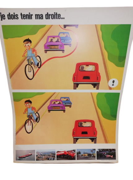 Affiche Carte Scolaire Lithographie Auto-Ecole Gilbert Evenou Antar le vélo je dois tenir ma droite