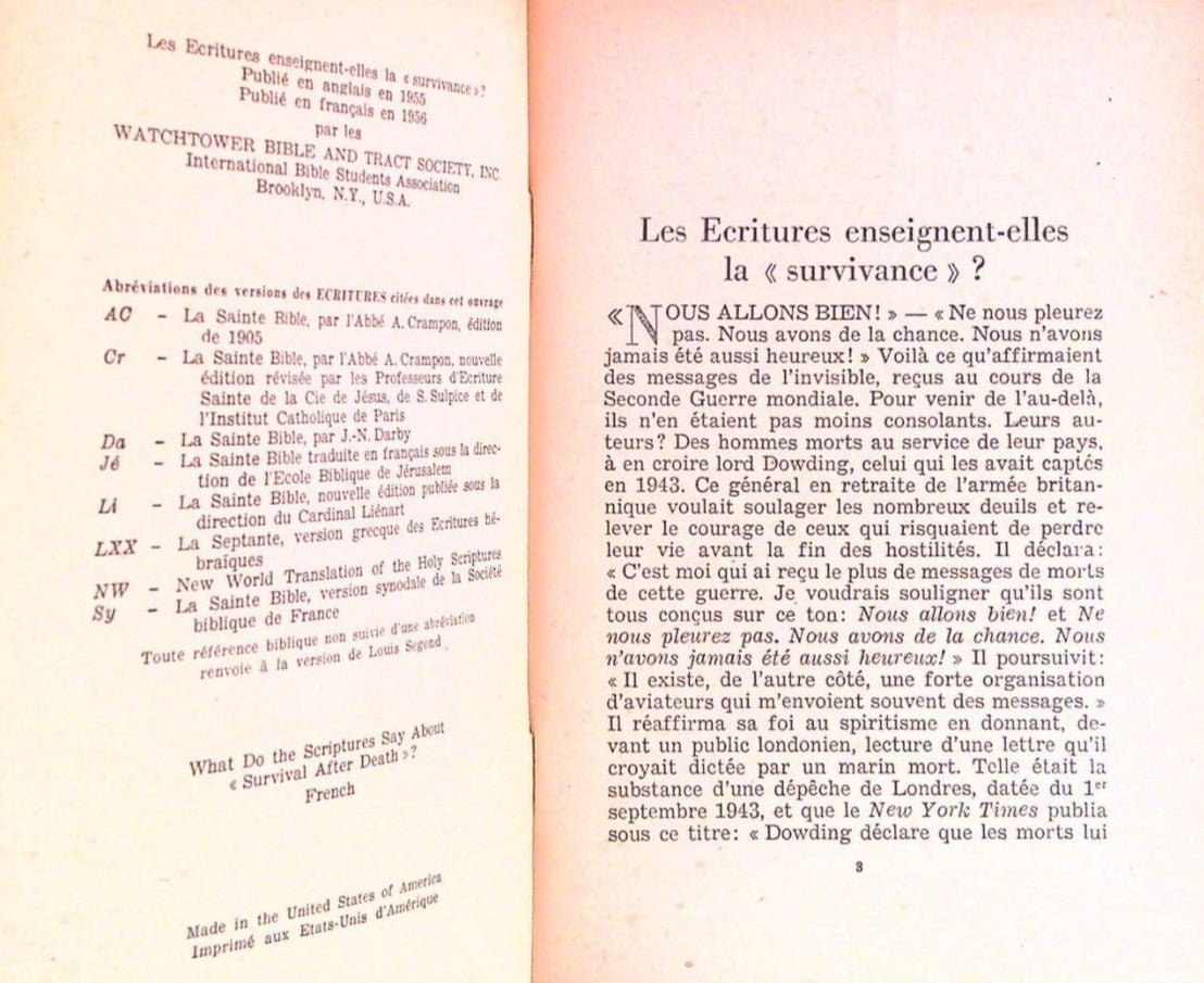 Rare Les Ecritures Enseignent Elles La Survivance Watch-Tower Bible Témoins Jéhovah