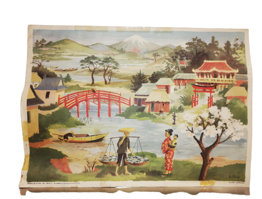 Affiche Carte Scolaire Lithographie images de la vie 26 série 7 Japon Fuji
