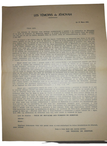 12 mars 1951 Document Orignal Bible Jéhovah