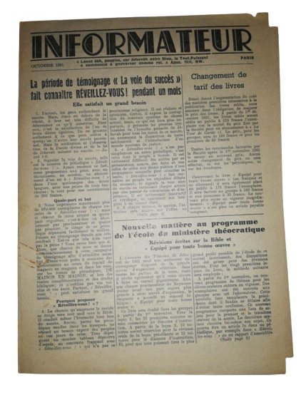 Octobre 1951 Rare Publication Informateur Paris Watch-Tower Bible Témoins Jéhovah USA