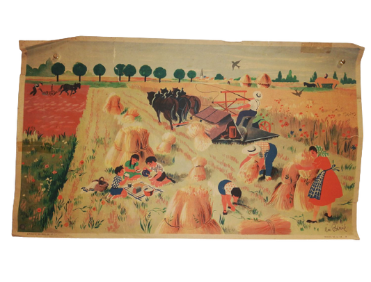 Affiche Carte Scolaire Lithographie images de la vie 19 agriculture champ foin