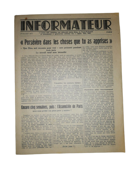 Juillet 1951 Rare Publication Informateur Paris Watch-Tower Bible Témoins Jéhovah USA