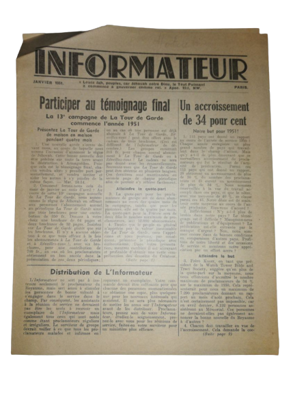 Janvier 1951 Rare Publication Informateur Paris Watch-Tower Bible Témoins Jéhovah USA