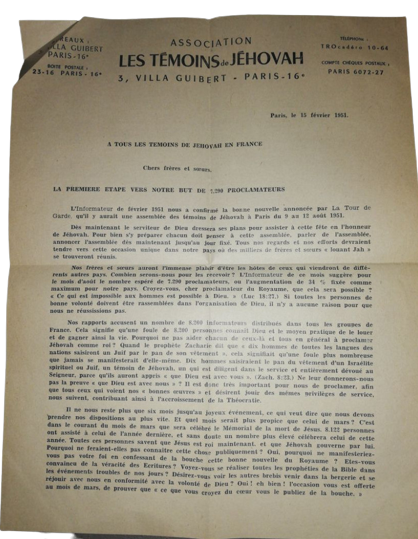 15 février 1951 Document Orignal Bible Jéhovah