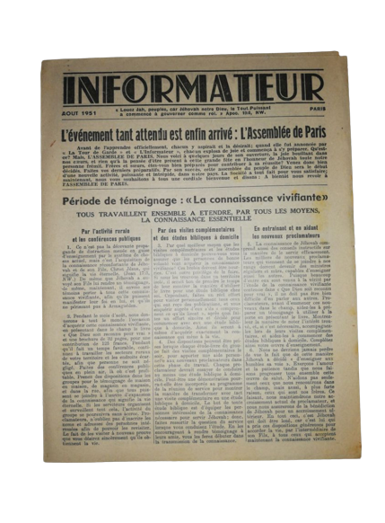 Aout 1951  Rare Publication Informateur Paris Watch-Tower Bible Témoins Jéhovah USA