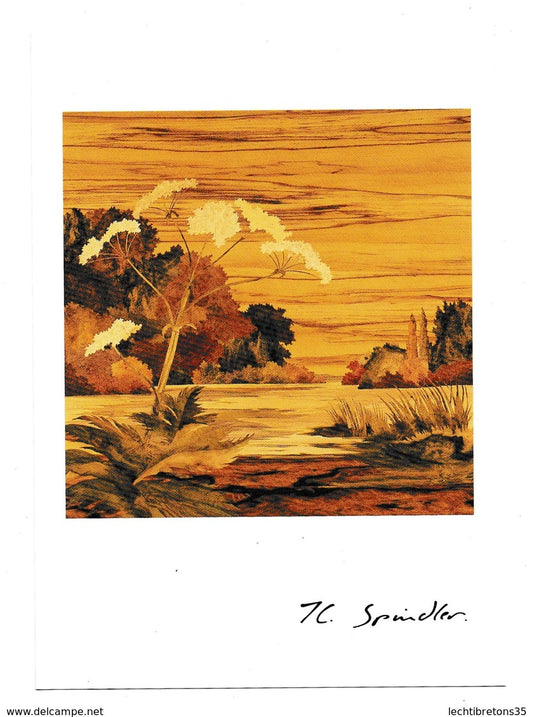 Rare dédicace JEAN CHARLES SPINDLER carte de voeux nouvel an 2002 esquisse marqueterie art bois naturels tableau oeuvre