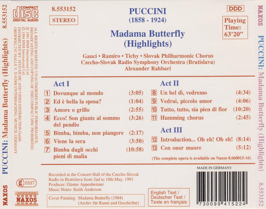 Cd Puccini, Gauci, Ramiro, Tichy, Slovak Philharmonic Chorus, Czecho-Slovak Radio Symphony Orchestra (Bratislava)*, Alexander Rahbari – Madama Butterfly