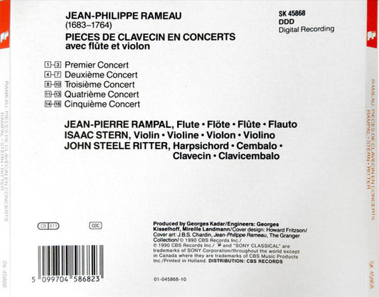 Cd Jean-Philippe Rameau , Jean-Pierre Rampal, Isaac Stern, John Steele Ritter – Pièces De Clavecin En Concerts Avec Flûte Et Violon