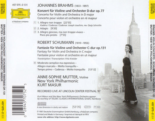 Cd Brahms / Schumann - Anne-Sophie Mutter, New York Philharmonic, Kurt Masur – Violinkonzert / Fantasie Op. 131