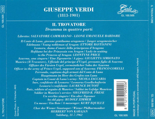 Cd Giuseppe Verdi, Franco Corelli, Leontyne Price, Ettore Bastianini, Giulietta Simionato, Nicola Zaccaria - Herbert von Karajan – Il Trovatore