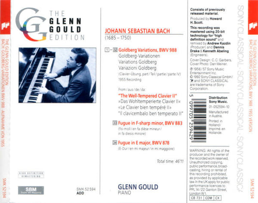 Cd J. S. Bach, Glenn Gould – Goldberg Variations BWV 988 (The Historic 1955 Debut Recording)