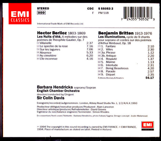 Cd Barbara Hendricks - English Chamber Orchestra - Sir Colin Davis – Berlioz: Les Nuits D'été - Britten: Les Illuminations