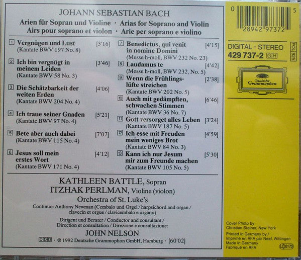 Cd J.S. Bach, Kathleen Battle, Itzhak Perlman, Orchestra Of St. Luke's, John Nelson – Arias 028942973725