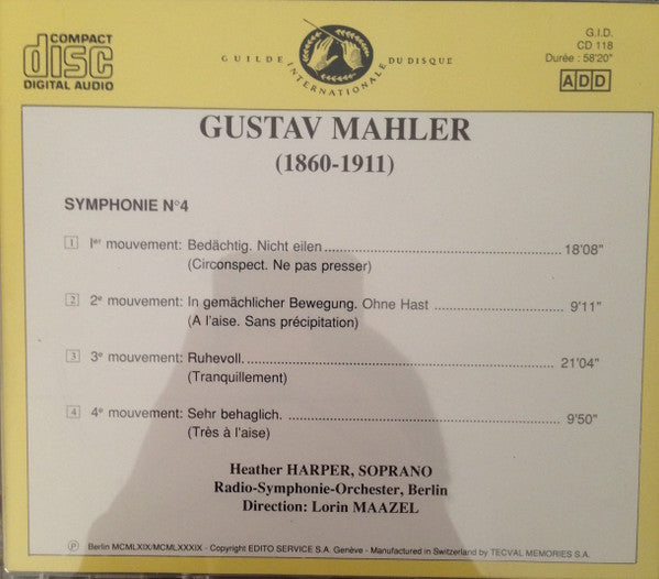 Cd Gustav Mahler, Lorin Maazel, Heather Harper, Radio-Symphonie-Orchester, Berlin – Symphonie N°4