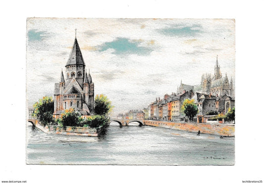 Carte postale - le temple et la moselle 2048 aquarelle tableau dessin