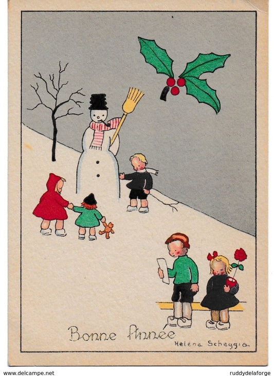 Carte postale - BONNE ANNÉE Héléna Scheggia GBB S 10002 bonhomme de neige joyeux noël jouets vœux carte