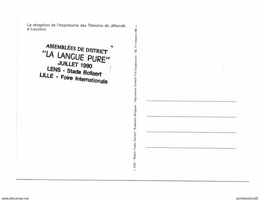 Carte postale - + TAMPON Jéhovah RÉCEPTION IMPRIMERIE LOUVIERS EURE 27 LA LANGUE PURE LENS STADE BOLLAERT