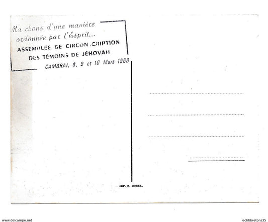 Carte postale - 1968 marchons de manière ordonnée par l'esprit Galates 5:25 assemblée témoins Jéhovah CAMBRAI 59 nord
