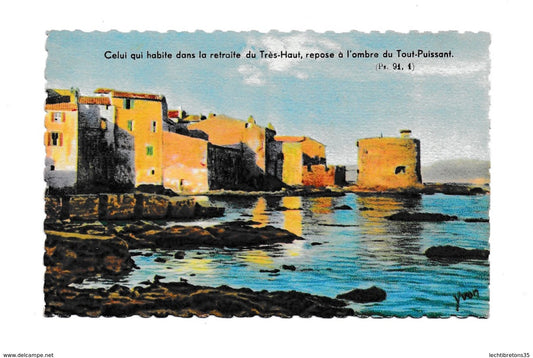 Très rare non circulé cote d'azur saint Tropez var le quartier des pêcheurs et la vieille texte Jéhovah bible art Yvon