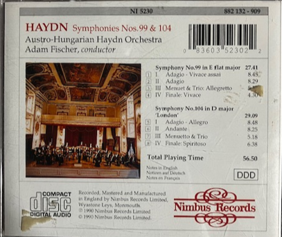 Cd Joseph Haydn - Austro-Hungarian Haydn Orchestra, Adam Fischer – Symphony No.99 In E Flat / Symphony No.104 In D 'London' 083630523022