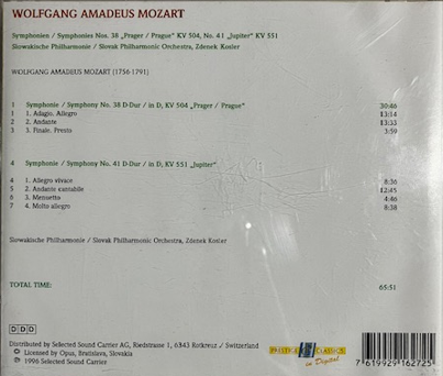 Cd Wolfgang Amadeus Mozart, Orchestre Philharmonique Slovaque, Zdeněk Košler – Symphonies Nos. 38 "Prague" KV 504, No. 41 "Jupiter" KV 551 7619929162725