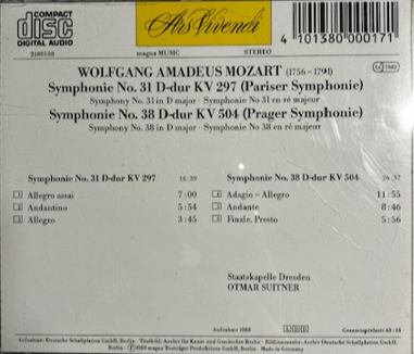 Cd Wolfgang Amadeus Mozart / Staatskapelle Dresden & Otmar Suitner – Symphonie No. 31 D-dur KV 297 (Pariser Symphonie) / Symphonie No. 38 D-dur KV 504 (Prager Symphonie)